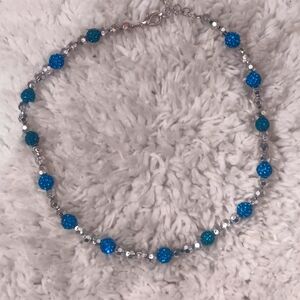 Handcrafted Beaded Colorful Blue And Silver Choker 15"